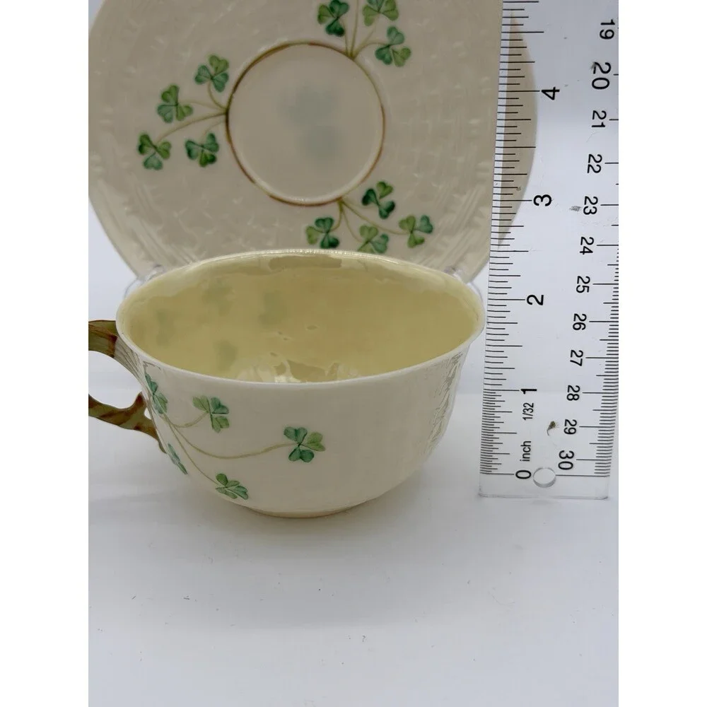 Belleek Irish Porcelain Shamrock Teacup & Saucer 5th Green Mark 1955–1965